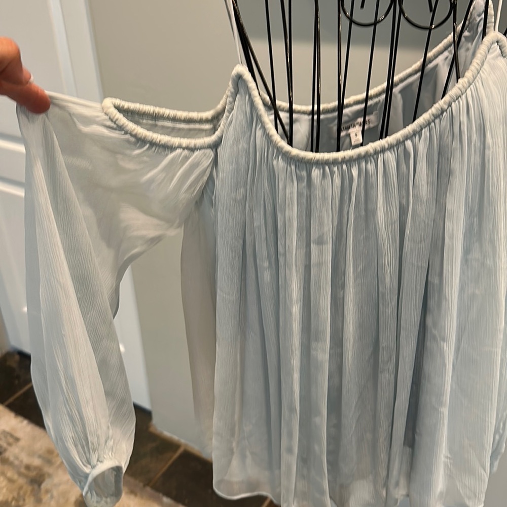 Elizabeth and James flouncy silk off the shoulder blouse